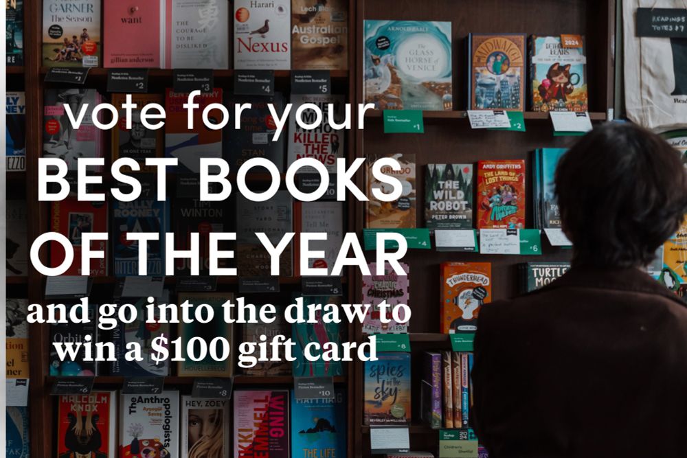 photo of a person browsing bookshelves overlaid with the text vote for your best books of the year and go into thye draw to win a $100 gift card