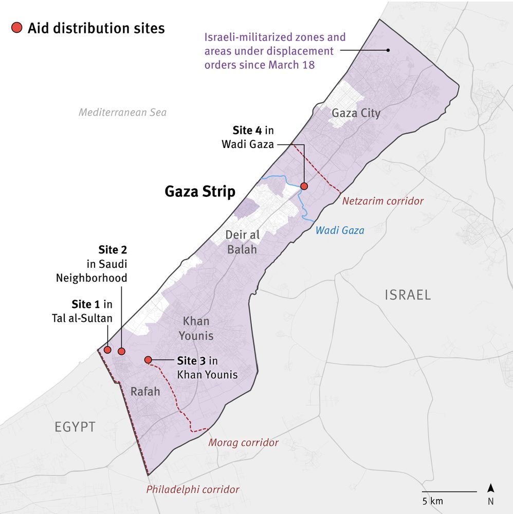 Map of the Gaza strip that shows 4 different aid distribution sites.