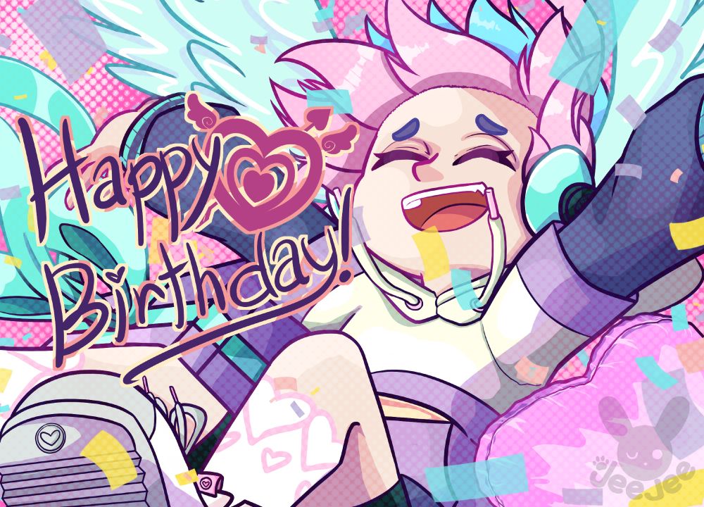 Birthday illustration of a pastel-colored cupid with balloons, gifts, and confetti. The text says "Happy Birthday".