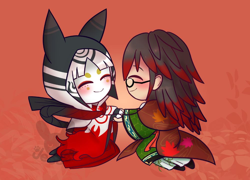 Chibi drawing of Kurama from Rune Factory: Guardians of Azuma with Yone (OC) that bears the resemblance of a fox spirit. They are holding hands, both happily married at this point.