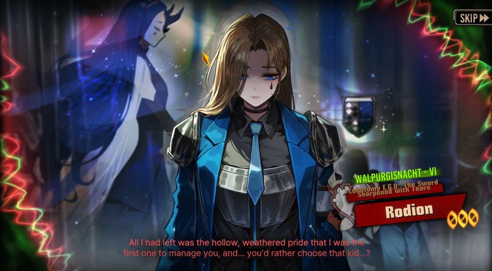 Image of Rodion from Limbus Company, donning a blue suit resembling a knight's armor.
Text says "Lobotomy EGO: The Sword Sharpened with Tears Rodion"