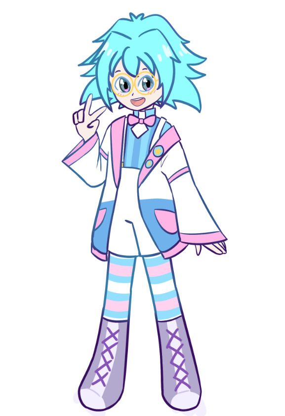 fullbody drawing of Sho/Syrus (Yugioh Gx) wearing an outfit of pastel pink/blue/purple/white colors. He wears a jacket on top of suspenders and polo shirt, with matching bowtie, striped socks, and long boots. 