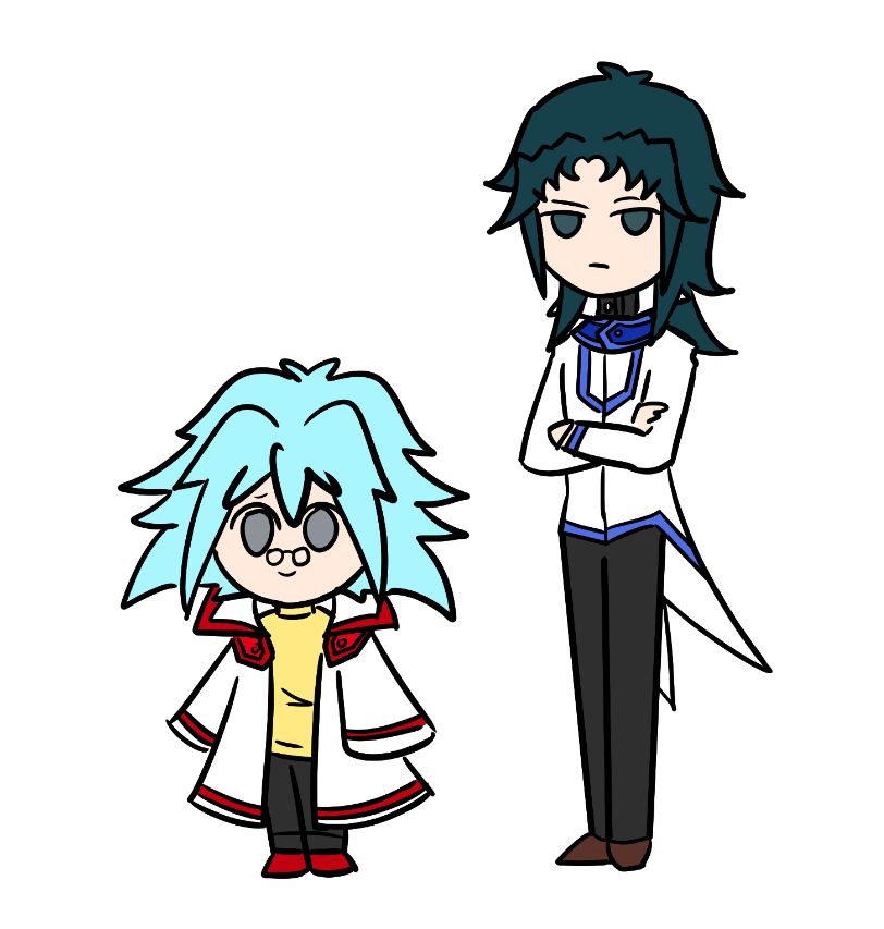 Drawing of Sho/Syrus from Yugioh Gx wearing an oversized Osiris Red uniform with Ryo/Zane wearing his Obelisk Blue uniform. The height difference between the two brothers is obvious.
