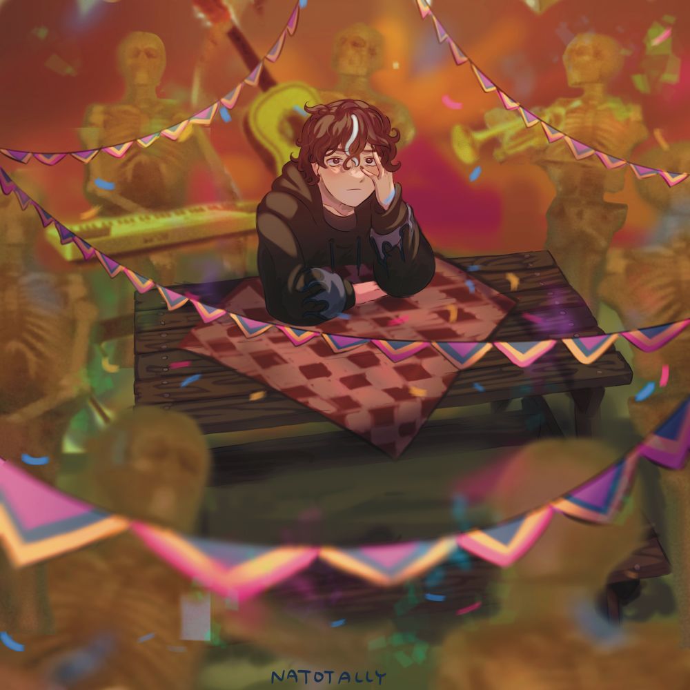 colorful illustration of a surreal picnic scene with William Wisp, with a slightly disgruntled expression, at the center sitting at a picnic table. Banners of magenta, yellow, and blue are strewn around him as well as confetti. Images of collaged, not drawn, skeletons playing instruments and celebrating are around him, reminiscent of Oingo Boingo’s album cover for their album ‘Dead Man’s Party.’ At the bottom of the image there’s a signature that reads ‘Natotally.’