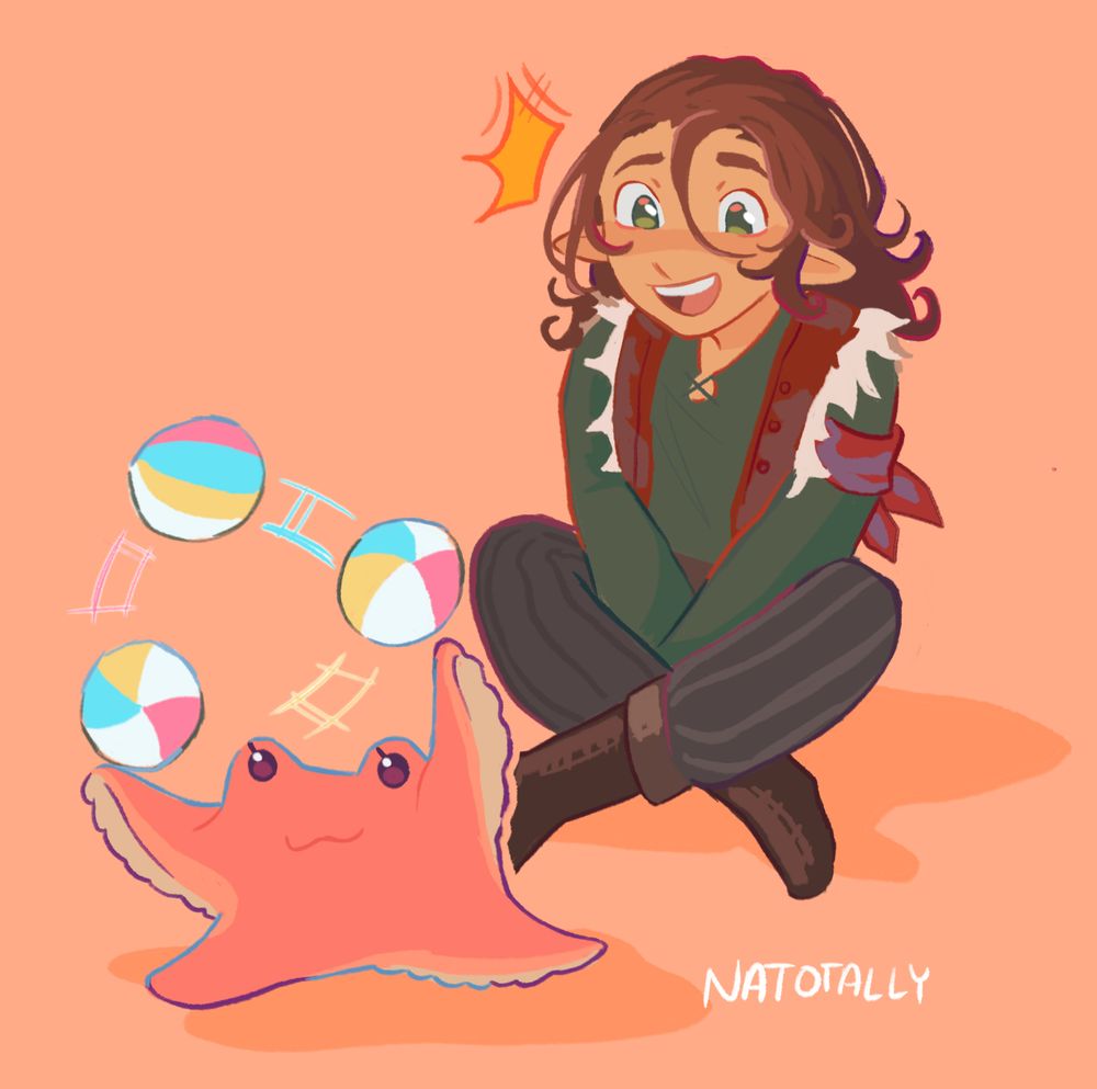 Cartoony illustration of Ollie Teach and Pretzel on a light orange background from the dungeons and dragons podcast "just roll with it." Ollie is sitting crisscrossed with a happy expression on his face, while pretzel, a pink frogtapus, is in front of him juggling miniature colorful beach balls. They are outlined in various bright colors.