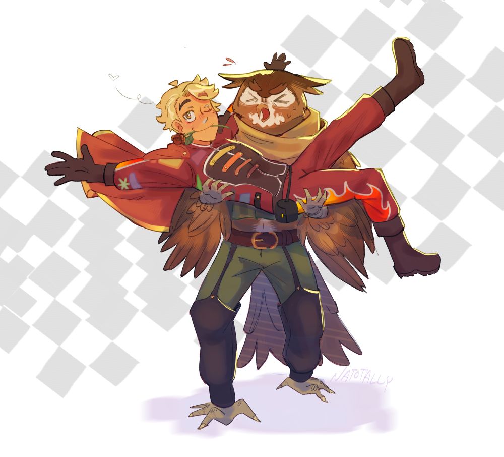 A cartoony illustration of Blink, an anthropomorphic owl, struggling to hold up Troy Lougferd, a blonde man wearing a red racing suit holding a rose in his mouth. They are placed on a simple white background with a checkered pattern. Signature reads 'Natotally.'