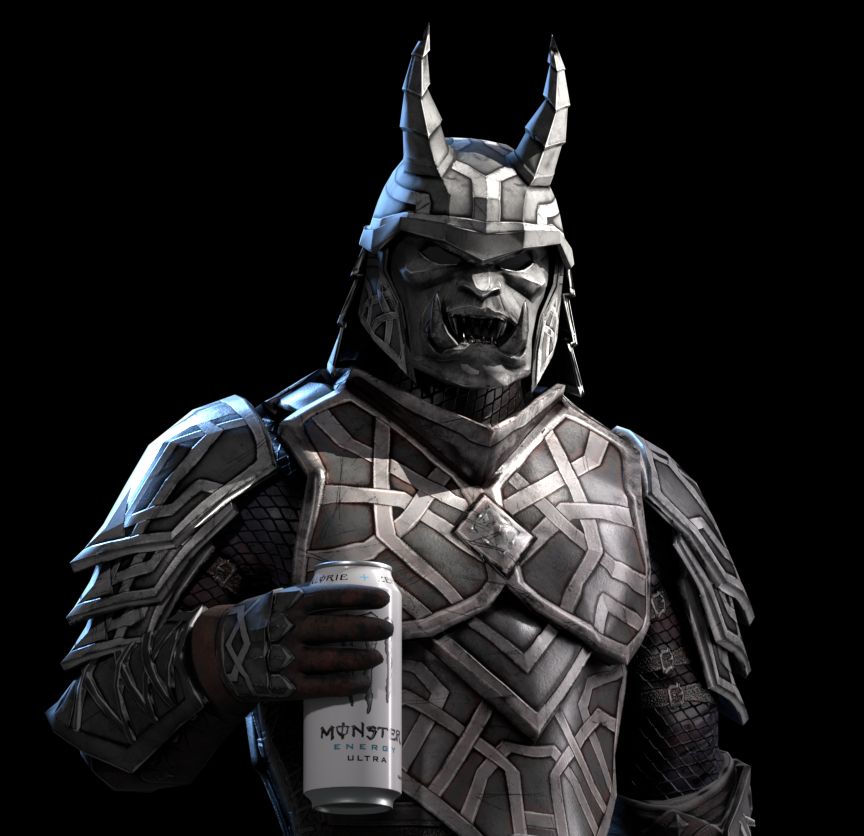 An Orc Warrior in plate armor from Veelpoot's upcoming Legacy of Orsinium expansion for The Elder Scrolls V: Skyrim. He's drinking a white can of Monster Zero Ultra.