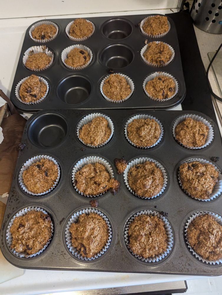 Two almost full trays of bran muffins