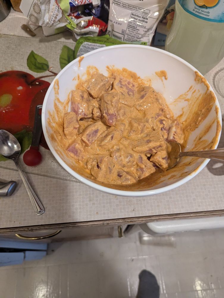 Chunks of chicken in a yogurt and lemon juice marinade with lots of spices and garlic