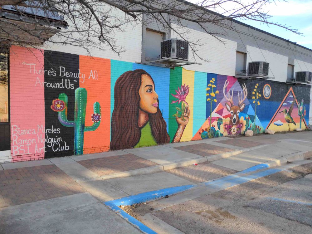 Mini murals, various subjects, along city block.