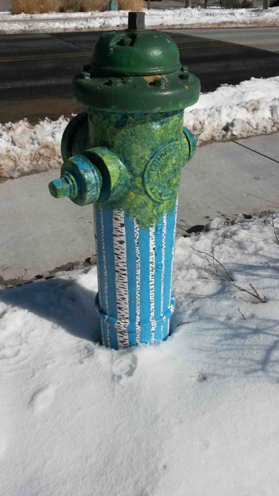 Mural painted on a fire hydrant of an Aspen tree forest.