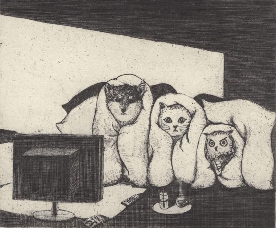 a dog, cat, and owl sit wrapped in blankets watching a TV, snacks are present