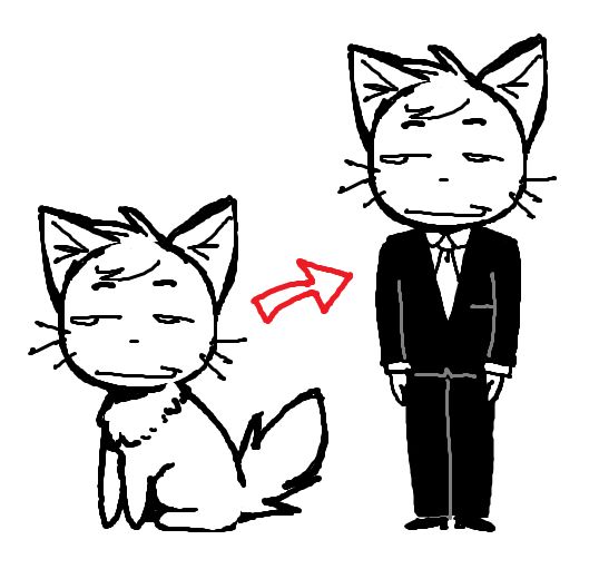 diagram of animal becoming humanoid with a suit and tie