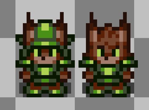 two sprites of roe wearing green armor. in the left he has a helmet on