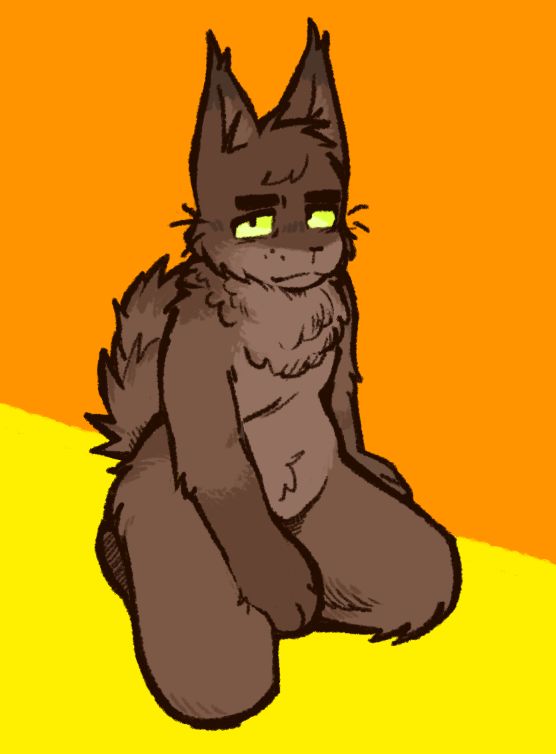 my sona Roe, a brown anthropomorphic cat, kneeling on the floor and looking at the viewer