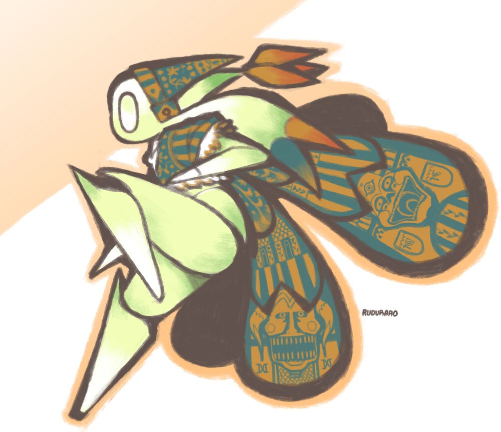 A yellow-green winged humanoid character. Their face is featureless apart from large, circular white eyes with no pupils. Their limbs are segmented like an insect or robot. The back of their head sticks out like a spike with three appendages that resemble flower petals at the end. They wear green and orange clothes that are elaborately patterned, which extends to their wings.