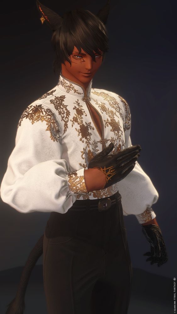 My catboy oc Val in a gold filigreed white dress shirt, posing.