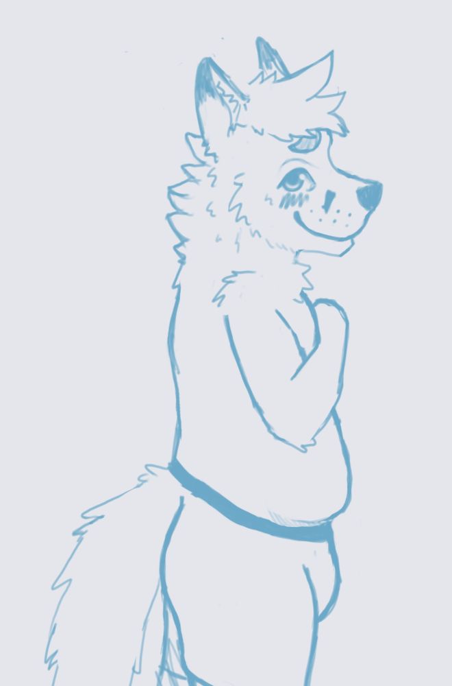 Sketch of an anthro fluffy fox/wolf hybrid in underwear. He is slightly chubby. He is looking at the viewer, blushing and smiling. He seems shy because of his body language.