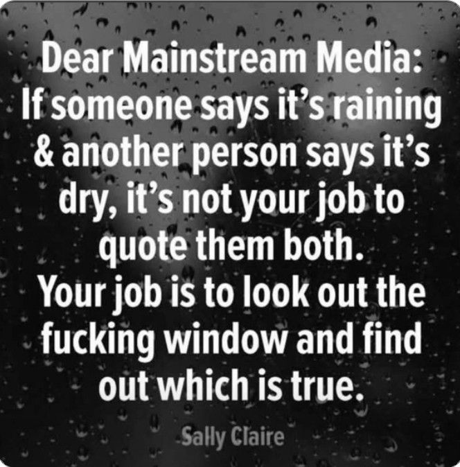 Dear Mainstream Media: If someone says it's raining & another person says it's dry, it's not your job to quote them both.
Your job is to look out the fucking window and find
out which is true. 

Sally Claire