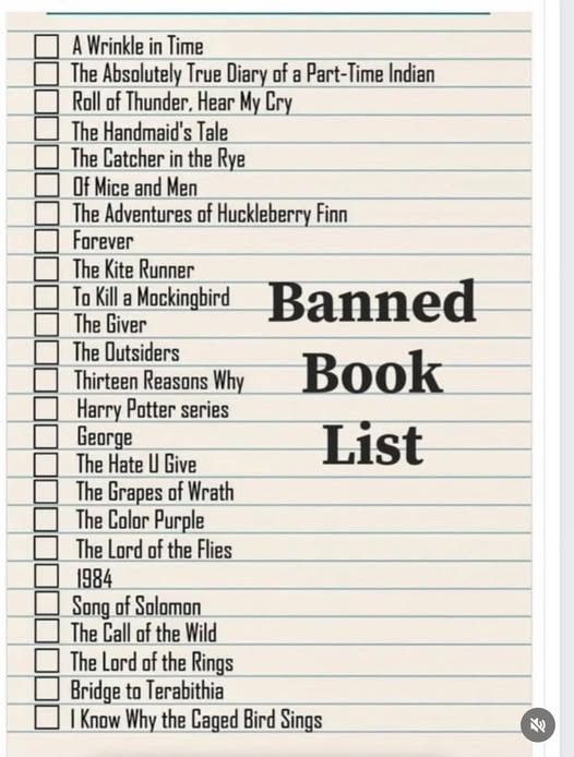List with checkboxes:

Banned book list

A Wrinkle in Time
The Absolutely True Diary at a Part-time Indian
Roll of Thunder. Hear My Cry
The Handmaid's Tale
The Catcher in the Rye
IT Nice and When
The Adventures of Huckleberry Finn
forever
The Kite Runner
To kill a blockingbird
The giver
The Outsiders
Thirteen Reasons Why
Harry Potter series
George
The Hate U give

The Grapes of Wrath
The Color Purple
The Land of the flies
1984
song of Solomon
The Call of the Wild
The lord of the Rings
Bridge to Terabithia
I know Why the Caged Bird Sings