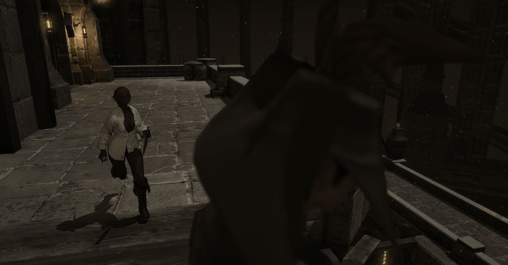 (Echo) Outside of the Forgotten Knight, Fray runs towards Maen in the dark with his daggers in hand.