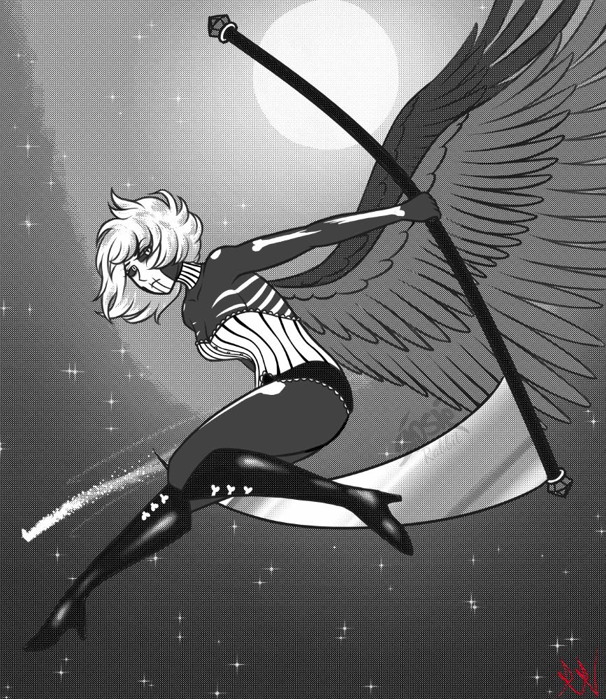 A manga greyscale dither artwork of Azazel. Her wings are outstretched, flying through the night with a cool pose while holding tightly onto her scythe. She's looking down to the camera, as the moon shines behind her.