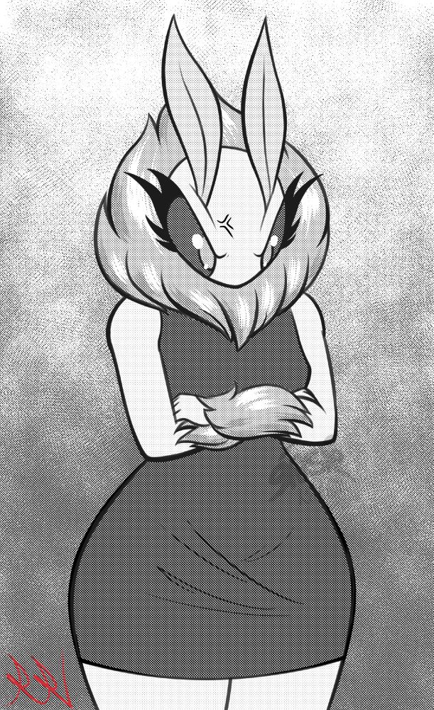 A manga greyscale dither artwork of Fiona. She's standing with her arms crossed, glaring down the camera with very angry eyes.