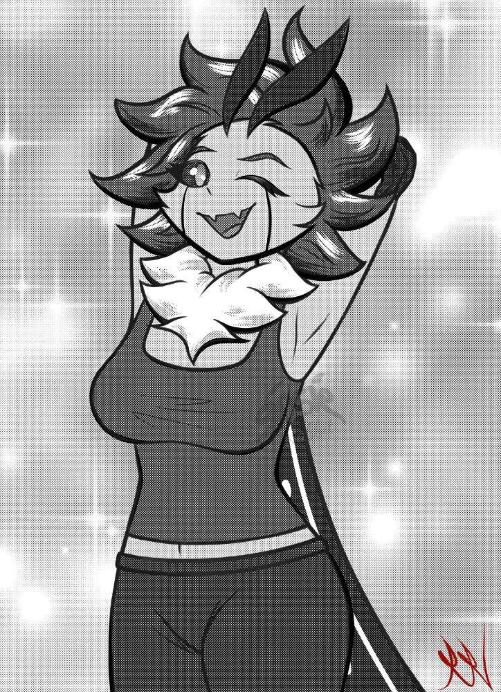 A manga greyscale dither artwork of Zoe. She's in a tank top and stretch pants, stretching her arms behind her back while giving the camera a wide, open mouth smile.