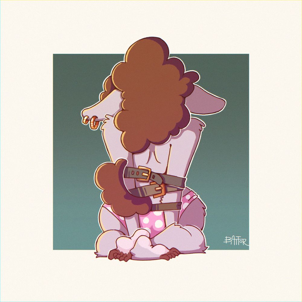 Curly anthro sheep tied with belts, wearing pink panties 