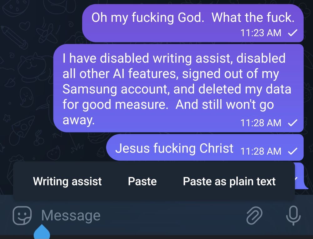 Screenshot of the new Samsung AI Writing Assist "feature" and its programmed inability to be removed.  