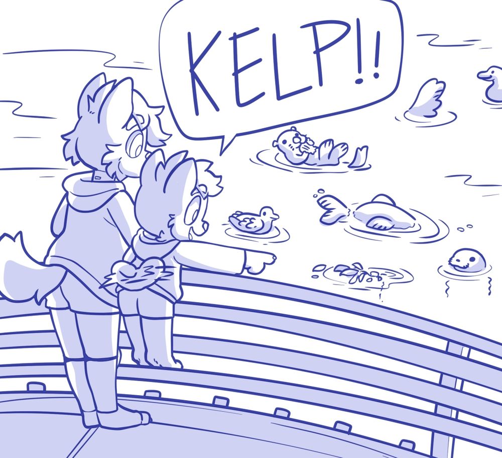 Remi puppy and Fink standing on the wharf in Santa Cruz. Remi enthusiastically points to the water and yells "KELP!!". the kelp is also surrounded by cute sea lions and seals and otters and birds but those things are not important. The kelp is important.