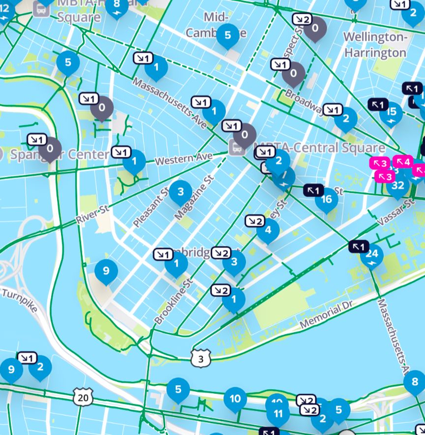 A map of Cambridgeport, with blue bike stations marked by pins. However, almost all non-road land is colored blue, as it would be if it were water. 
