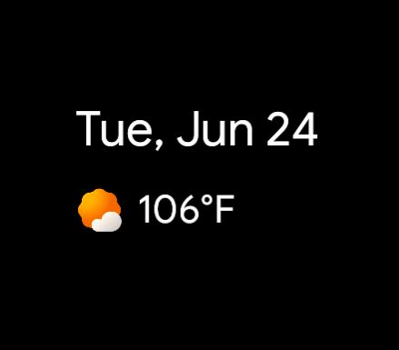 Weather bug on a cell phone home screen showing a current temperature of 106 degrees.