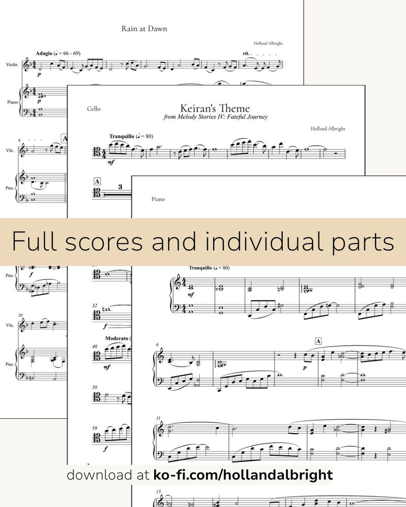 Picture of multiple pages of various sheet music. Text overlay says: full scores and individual parts