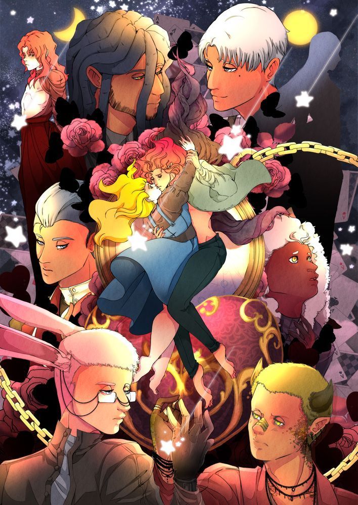 Promo illustration of the characters from Down the Rabbit Hole being dramatic AF. Like a movie poster looking longingly at each other. 