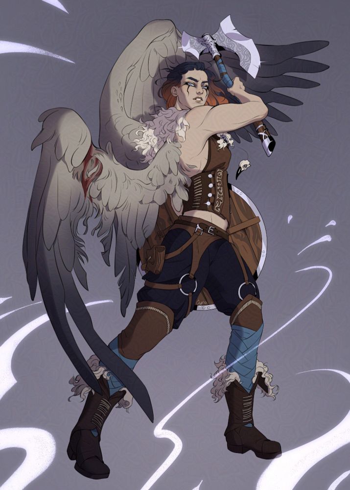 Art of a tall aasimar woman with a damaged wing. She wears leather armour with fur and stitched details. She has black and ginger ombre hair. She has heavy stylised eyeliner around her stormy eyes. She swings back a large battleaxe while staring at the viewer.