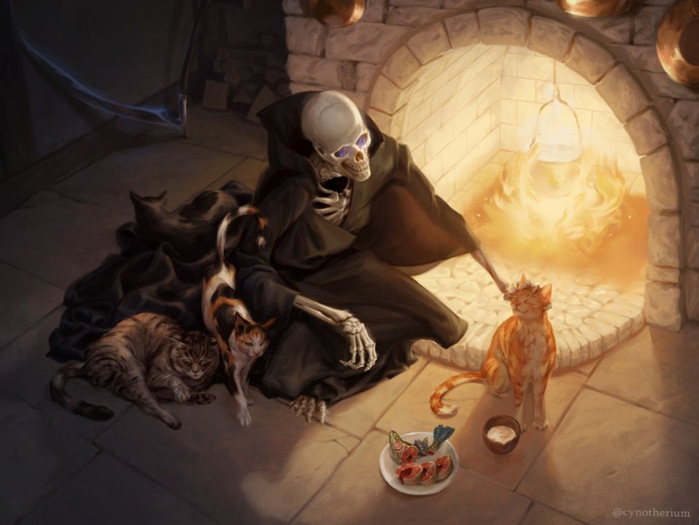 Terry Pratchett's Death petting and feeding stray cats. They are enveloped in the warmth of a large fireplace.