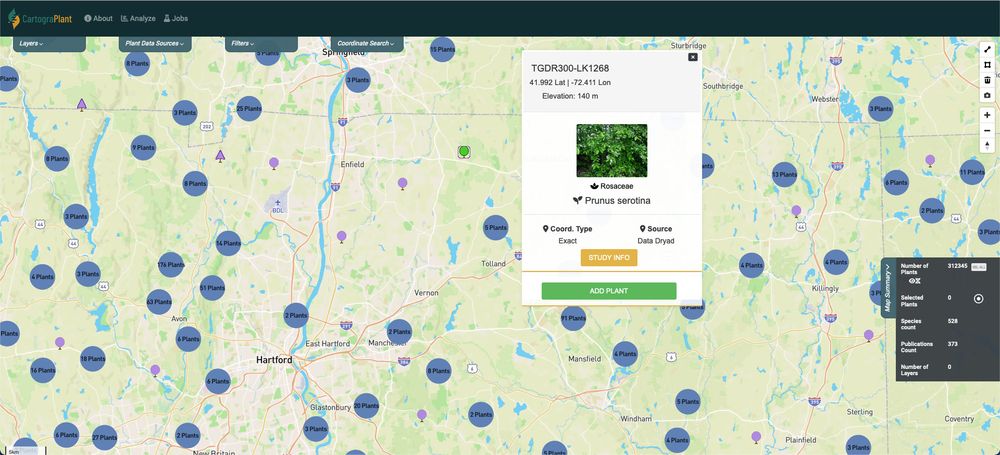 A screenshot of CartograPlant. Slightly to the right of center is a pop-out displaying information about a selected tree.