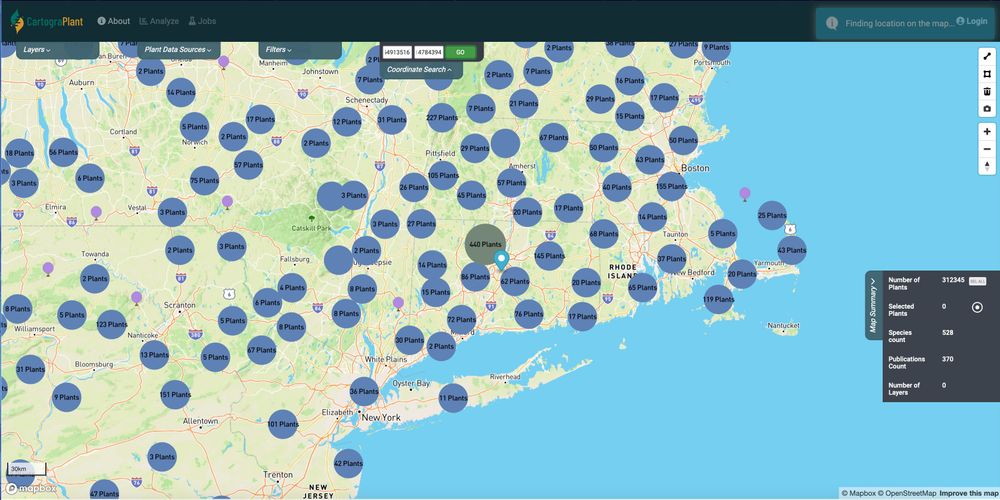 A screenshot of CartograPlant centered on Connecticut. A blue pin has been placed at the coordinates indicated in the "Coordinate Search" dropdown.