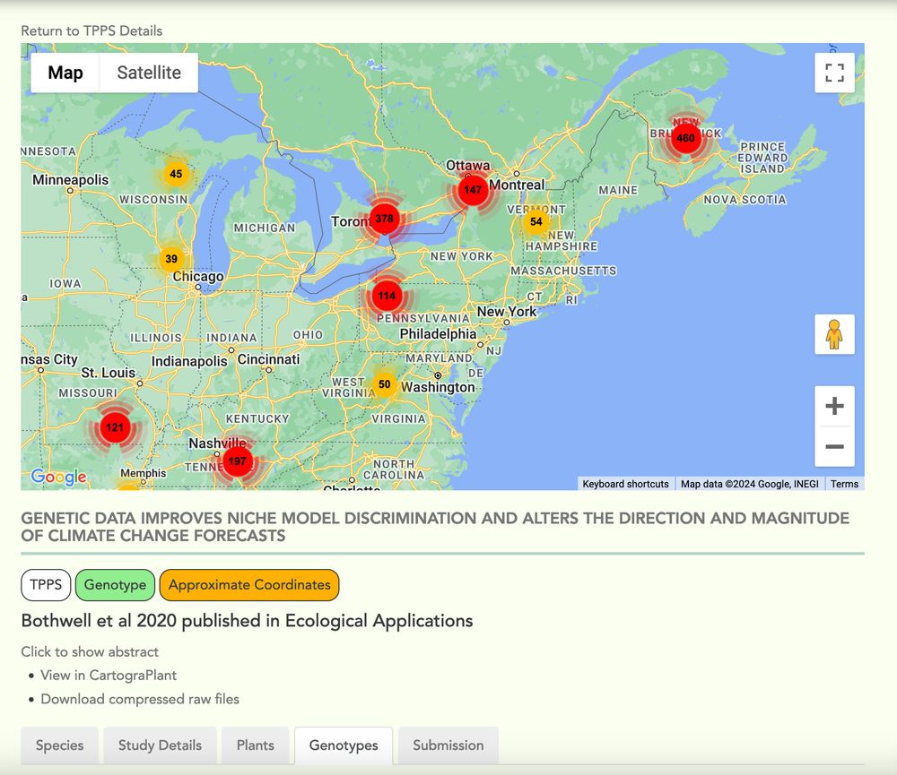 A screenshot of the TreeGenes details page for the study. In the top center is a map showing the location of the 1635 trees studied, and the bottom has further information.