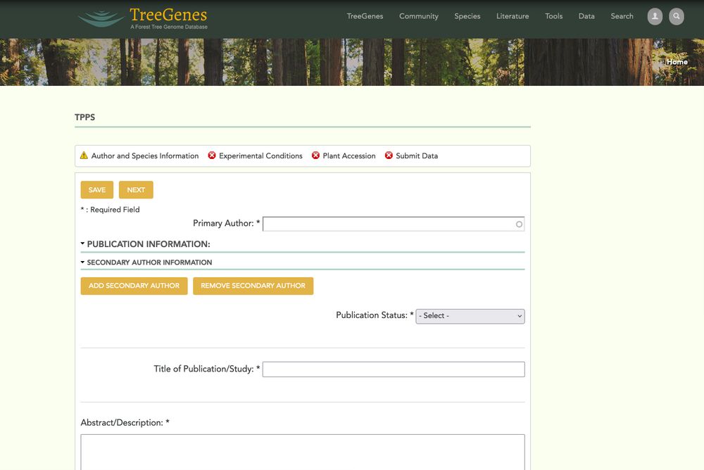 A screenshot of the first page of the Tripal Plant PopGen Submit (TPPS) form for submission of data to TreeGenes and CartograPlant.