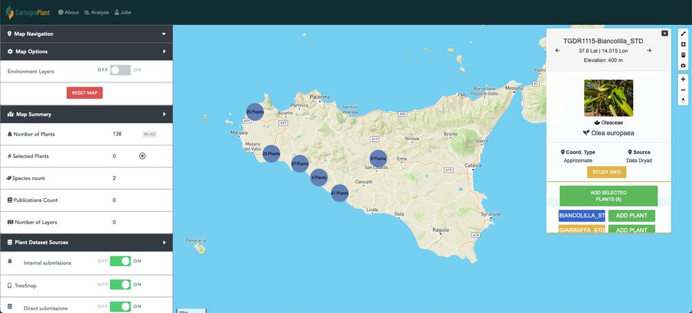 A screenshot of CartograPlant centered on Sicily, showing the geographic locations of the 138 plants in the study.