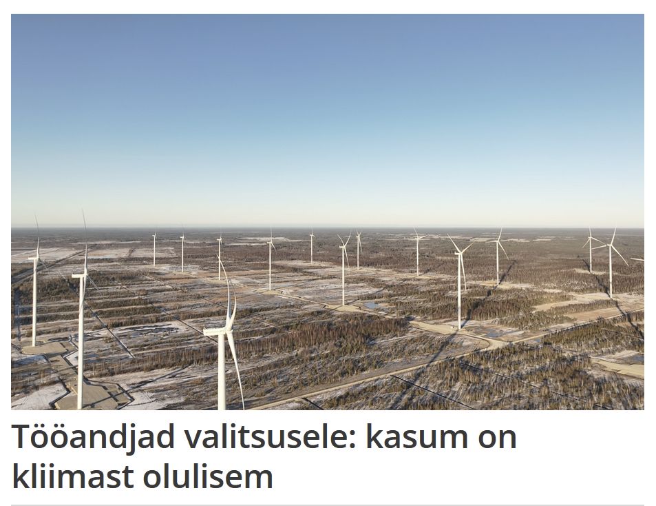 Droonifoto tuulikutest veidi kõrgemalt kui nad on. Tuulikulabad on külgsuunal kaarduvad: nii, et laba keskkoht on tuule suunas veidi punnis.

Pealkiri: "Tööandjad valitsusele: kasum on kliimast olulisem"