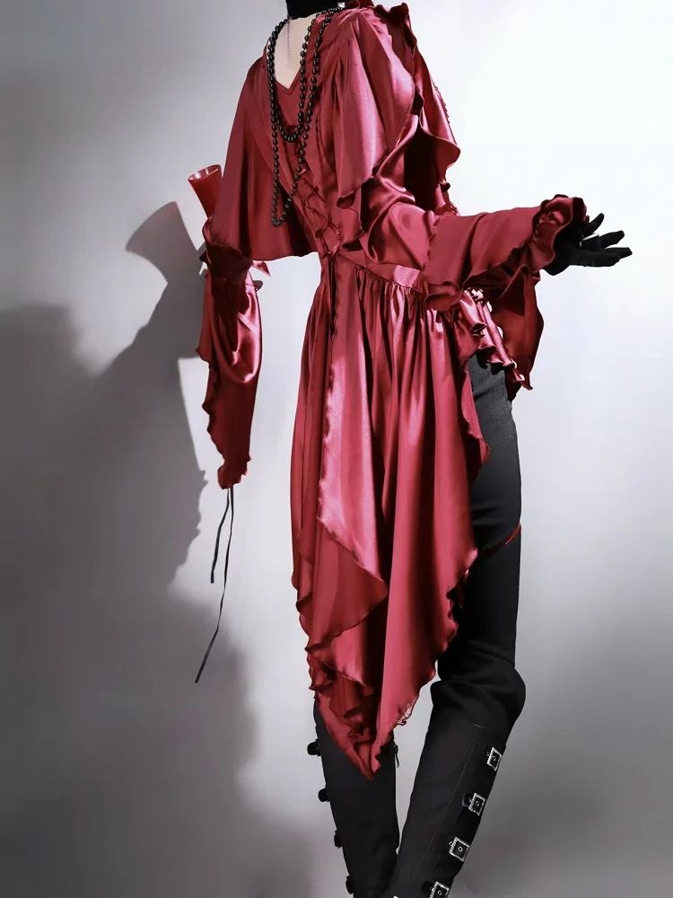Wine Red Vampire Ouji Long Sleeves Cascading Ruffle Tail Shirt - Devil Inspired
