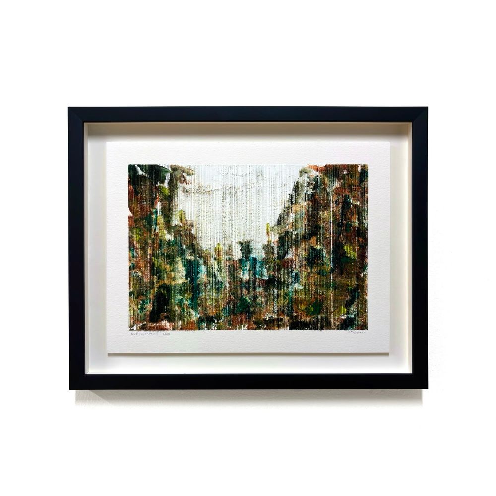 The image displays a framed artwork of a landscape, namely Huế, in Vietnam. The painting features an abstract representation of nature with textured and layered vertical strokes that give the impression of a forest or mountainous area. 