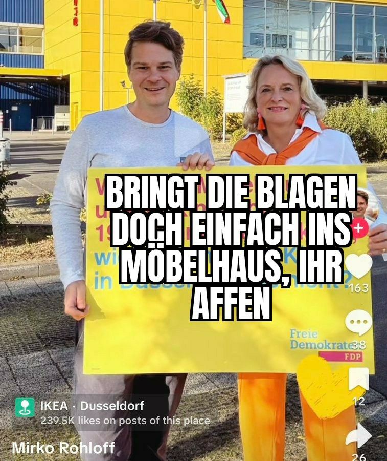 Zwei FDP-Politiker auf demselben Bild halten ein Schild hoch. Darauf steht "Bringt die Blagen doch einfach ins Möbelhaus, ihr Affen".
