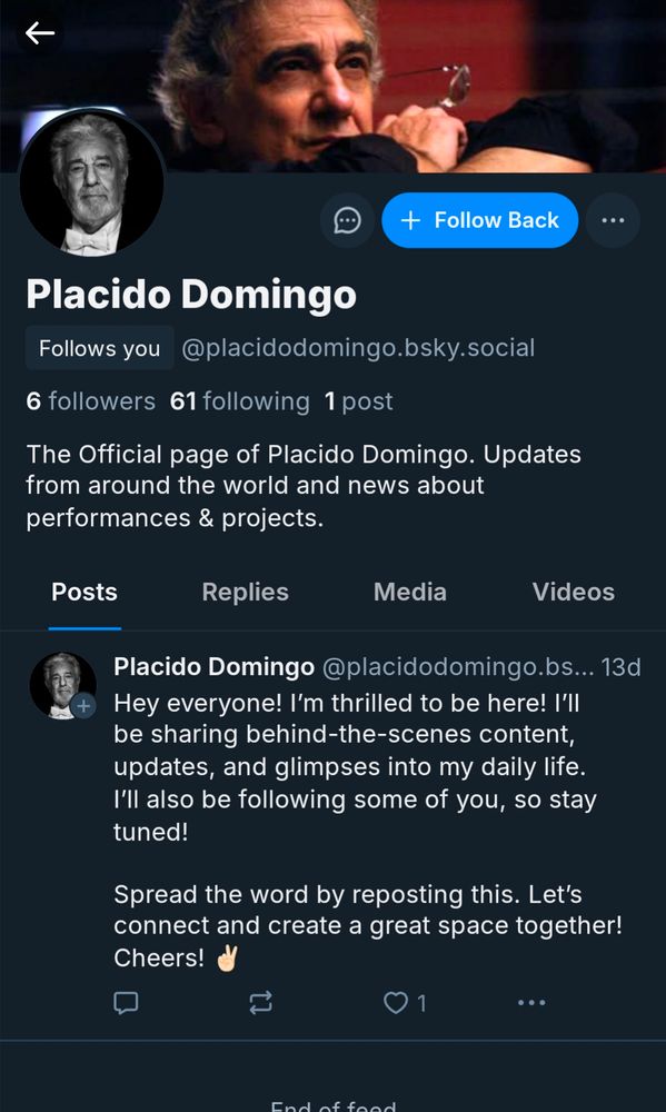 A picture of Placido Domingo's BlueSky page showing that he is following me.