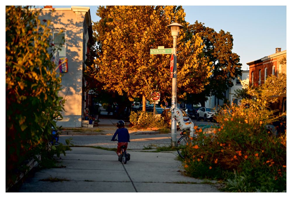 A child rides his balance bike