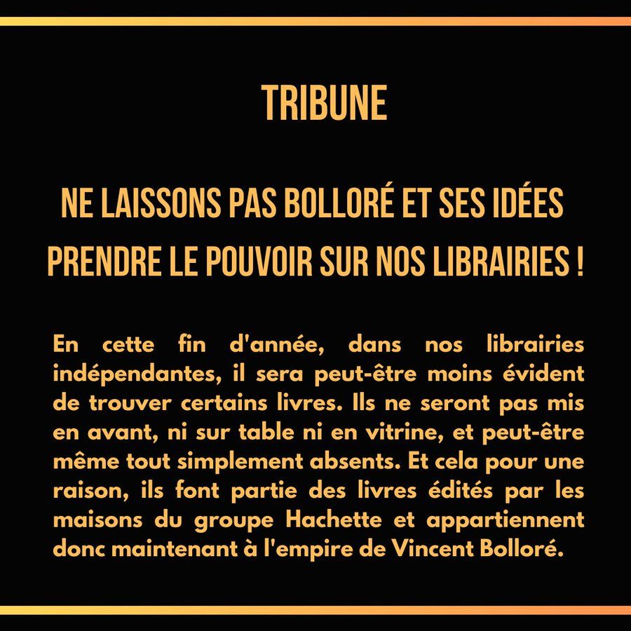 Les librairies contre l'extrême-droite et l'Empire Bolloré 🔥


Près de 100 librairies, en France et à l'étranger, publient cette tribune pour dénoncer la mainmise grandissante de l'Empire Bolloré sur le monde le l'édition, et appellent à y résister !