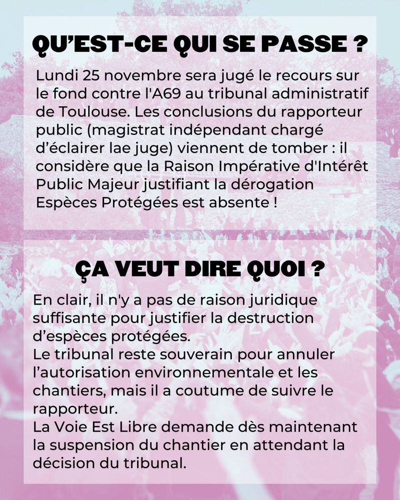 Ce 20 novembre, peu avant le méga-procès de l’A69, l’avis du rapporteur public enterre les arguments des pro-A69 et donne pleinement raison au recours.

Il est plus que jamais permis d’espérer une annulation pure et simple.

QU’EST-CE QUI SE PASSE ?
Lundi 25 novembre sera jugé le recours sur le fond contre l'A69 au tribunal administratif de Toulouse. Les conclusions du rapporteur public (magistrat indépendant chargé d’éclairer lae juge) viennent de tomber : il considère que la Raison Impérative d'Intérêt Public Majeur justifiant la dérogation Espèces Protégées est absente !

ÇA VEUT DIRE QUOI ?
En clair, il n'y a pas de raison juridique suffisante pour justifier la destruction d’espèces protégées.
Le tribunal reste souverain pour annuler l’autorisation environnementale et les chantiers, mais il a coutume de suivre le rapporteur.
La Voie Est Libre demande dès maintenant la suspension du chantier en attendant la décision du tribunal.